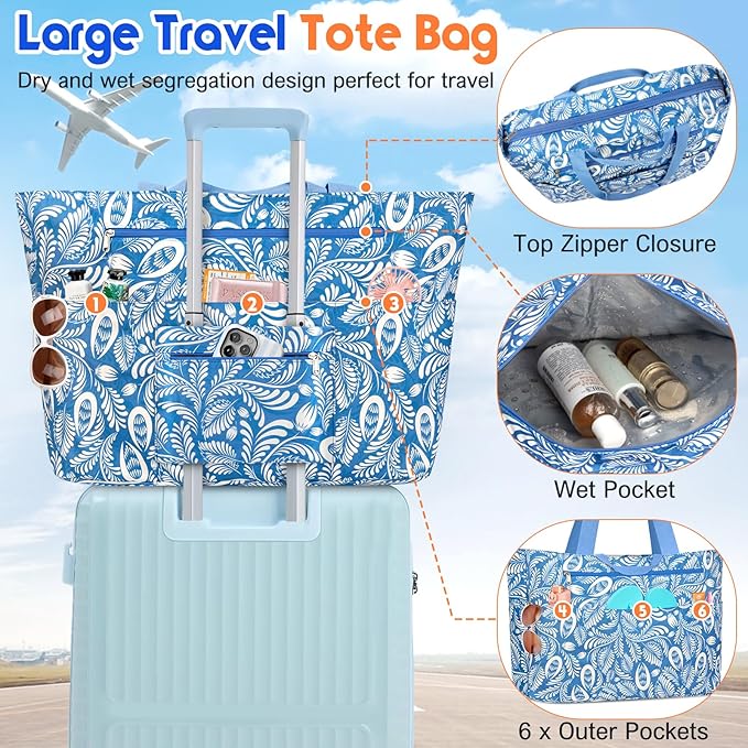 BKNOOU Extra Large Beach Bags Waterproof Sandproof XL Beach Tote Bag for Women Zipper Foldable Swim Pool Bag with Wet Pocket