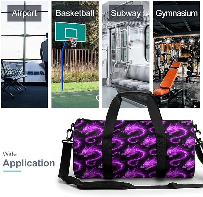Weekender Carry on Beach Yoga Bag Sport Gym Fitness Tote Overnight Weekender Travel Bags for Men Women (Purple Fire Dragon Art)