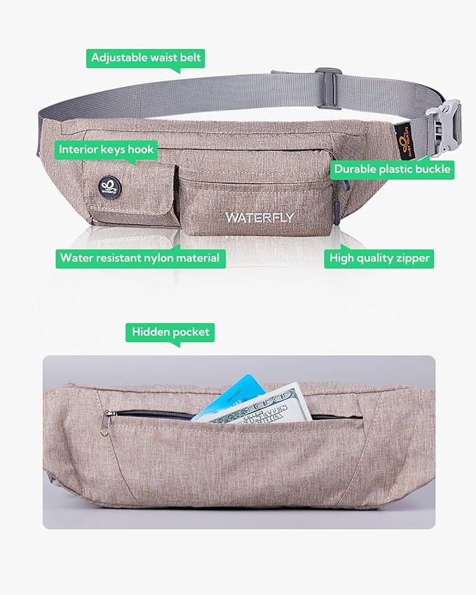 WATERFLY Fanny Pack for Women Men Water Resistant Small Waist Pouch Slim Belt Bag with 4 Pockets for Running Travelling Hiking Walking Lightweight Crossbody Chest Bag Fit All Phones…