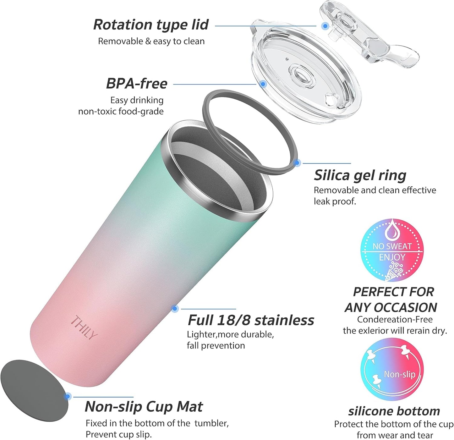THILY Stainless Steel Vacuum Insulated Tumbler Travel Mug 26 oz Coffee Cup with 2 Lids and Straws, Splash Proof, Keep Ice Drinks Cold, Candy Pink