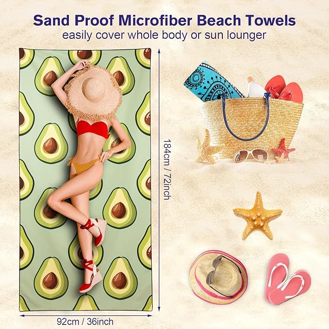 Avocados Pattern Beach Towel Extra Large 36" x 72", Thin Lightweight Microfiber Towels with Fruit Design, Sand Free and Quick Dry, Compact Bag