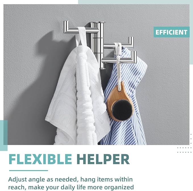APLusee Polished Chrome Swivel Towel Hook for Bathroom, Heavy Duty 304 Stainless Steel Bathroom Wall Hook with Multi 3 Arms, Wall Mounted Towel Hanger for Kitchen Garage