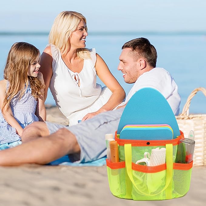 Mesh Beach Bag, Foldable Waterproof Sandproof Beach Storage Tote with 6 Pockets, Swim Tropical Vacation Pool Essential