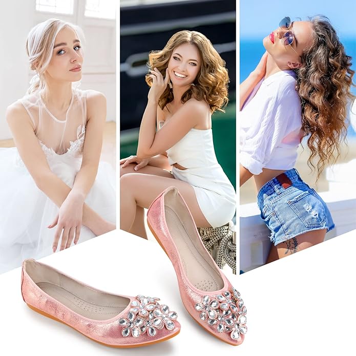 KUNWFNIX Women Ballet Flats Rhinestone Wedding Ballerina Shoes Foldable Sparkly Comfort Slip on Flat Shoes