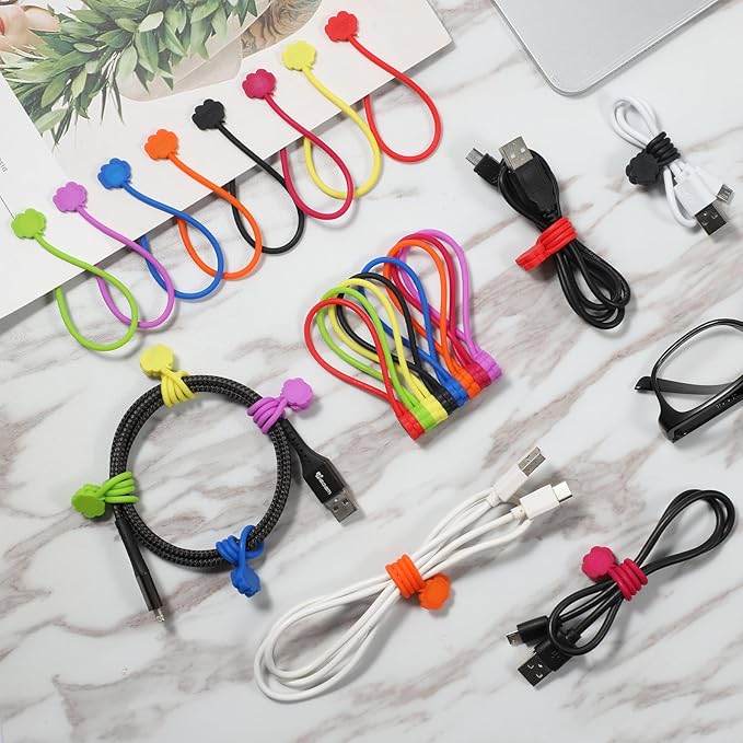 SOOOEC Snap On Magnetic Cable Ties, 32 Pack 7.2" Magnetic Cord Organizer Cute Cloud Design, Silicone Twist Ties with Strong Magnet for Bundling and Cable Management, Fridge Magnets, Assorted Colors.
