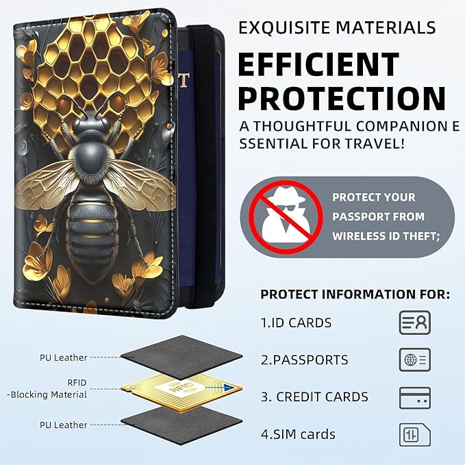Passport Holder for Travel, RFID Blocking Passport Holder Travel Walle, Passport and Vaccine Card Holder, Vacation Must Haves Travel Accessories for Men Women, Golden Bee Hive