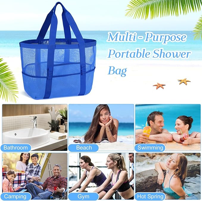 Hillban Large Beach Mesh Bags Bulk for Women Beach Tote Bag with 8 Pocket Zipper Waterproof Sandproof for Pool Cruise Ship