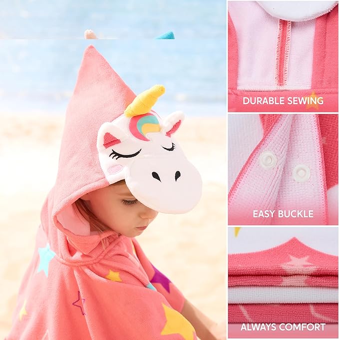 Joiedomi Kids Beach Towels with Hood for Girls Pink Unicorn Hooded Toddler Bath Towel Quick Dry Soft Microfiber 24"x24"
