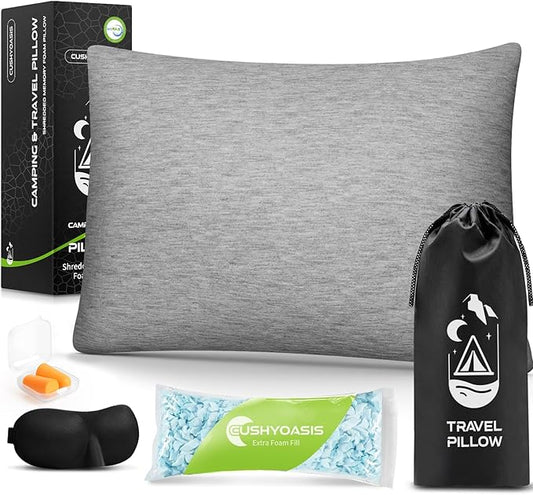 All-in-1 Travel Pillow Set - Shredded Memory Foam Neck Pillow Camping Pillow with Eye Mask, Earplugs, Washable Cover, Compact for Backpacking, Camping, Flights, Car Travel (Medium Size)