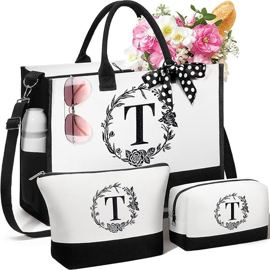 Personalized Gifts for Women, Initial Canvas Tote Bag & Makeup Bag Monogrammed Beach Tote Bags for Women w/Zipper, Easter Gift Bags Mothers Day Birthday Gifts for Mom Her Sister Best Friend Teacher