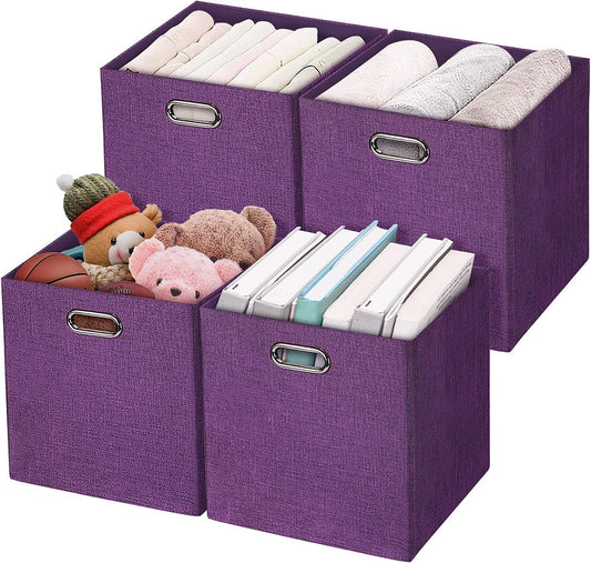 Posprica Storage Boxes, Foldable Organiser Cube Basket Bin, Thick and Heavy Duty (28×28×28cm/4pcs, Purple)