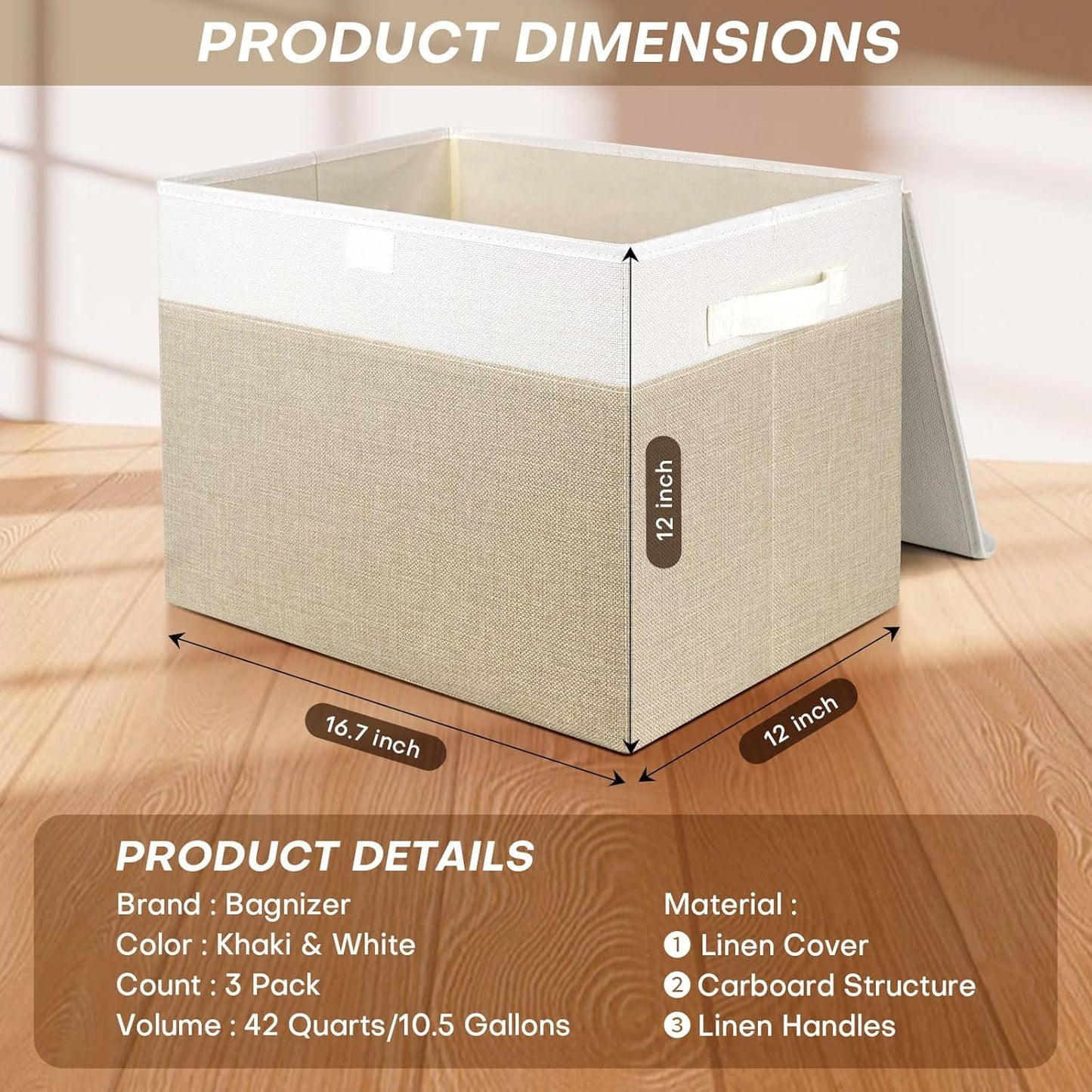 Large 17" 42 Quarts Collapsible Stackable Storage Bins with Lids [3-Pack] Foldable Fabric Linen Storage Boxes Cube, Closet Organizer Baskets with Label (16.7 x 12 x 12, Beige & White)