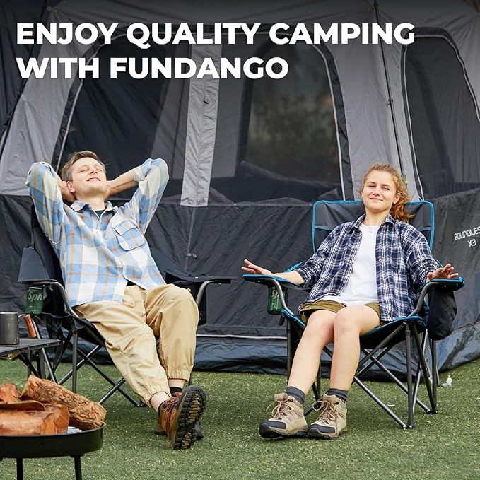 FUNDANGO Oversized Camping Chair for Adults, Heavy Duty Portable Foldable Lawn Chair with Padded Seat & Back, Lumbar Support, 4-can Cooler & Cup Holder, Carry Bag Included for Outdoor