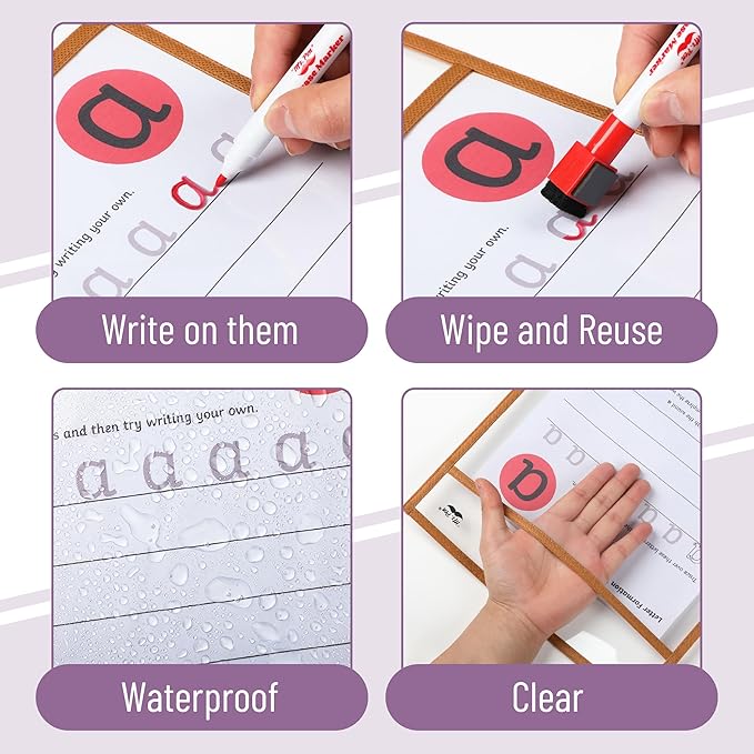 Mr. Pen Dry Erase Pocket Sleeves, 6 Pack, 10x14 inches, Multicolored Border, Plastic, Reusable Dry Erase Sheet Protectors