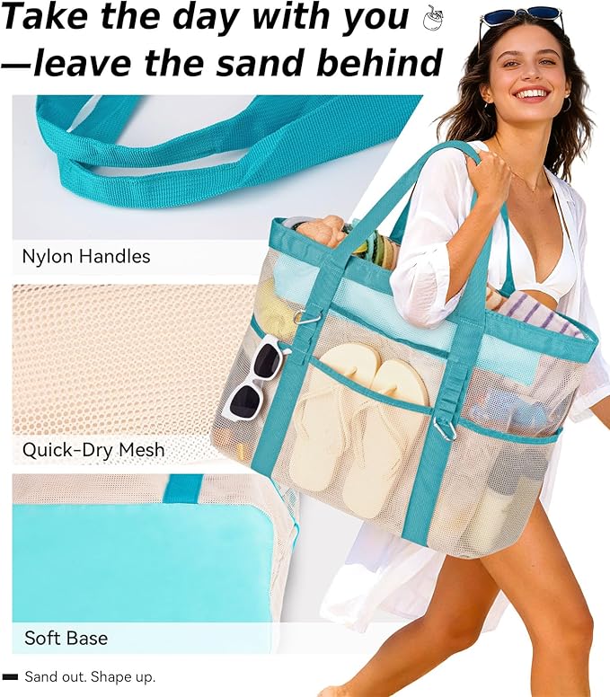 2026 Chic & Spacious XX-Large Beach Bag for Women — Mesh × Canvas Tote with Top Zipper, 11 Pockets, Detachable Pouch | 40L+ Spacious, 11 Tall Pockets, Zipper Pouch, Secure Zip-Top, Sand-Resistant Base