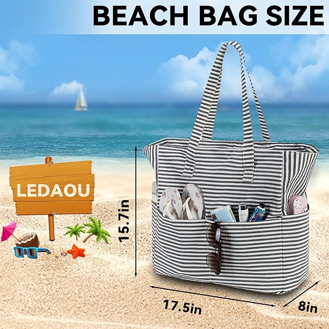 LEDAOU Large Beach Bag Women Waterproof Sandproof Zipper Beach Tote Pool Bag for Swim Gym Grocery Travel with Wet Pocket | Waterproof, Sandproof, Zipper, Pool, Gym, Grocery