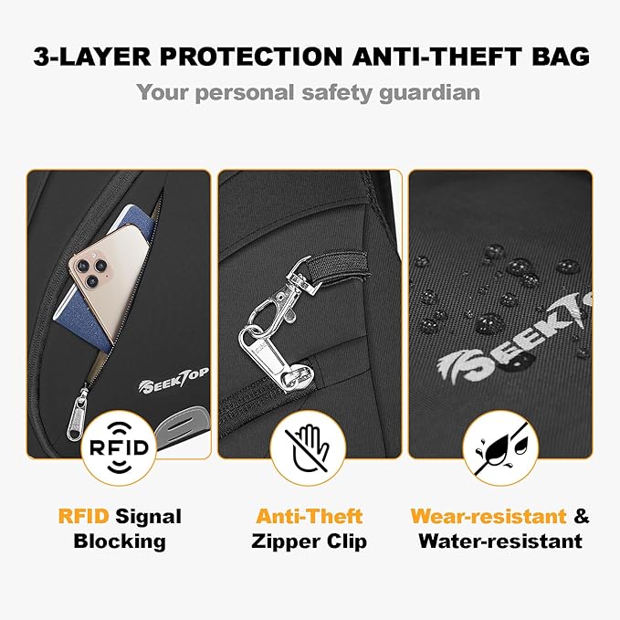 Seektop Crossbody Bag Anti-Theft RFID Blocking Waterproof 400D Nylon Lightweight Small Sling Backpack Shoulder Bags Chest Pack for Travel Hiking Outdoor Commuting Men Women Black