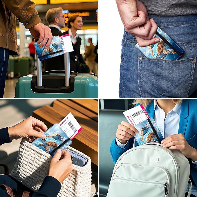 RFID Security Premium Passport and Travel Document Holder Combo, Slim PU Leather Folio Wallet with 3 Card Slots & Boarding Pass Pocket, Secure Elastic Closure Organizer, Colorful Turtle