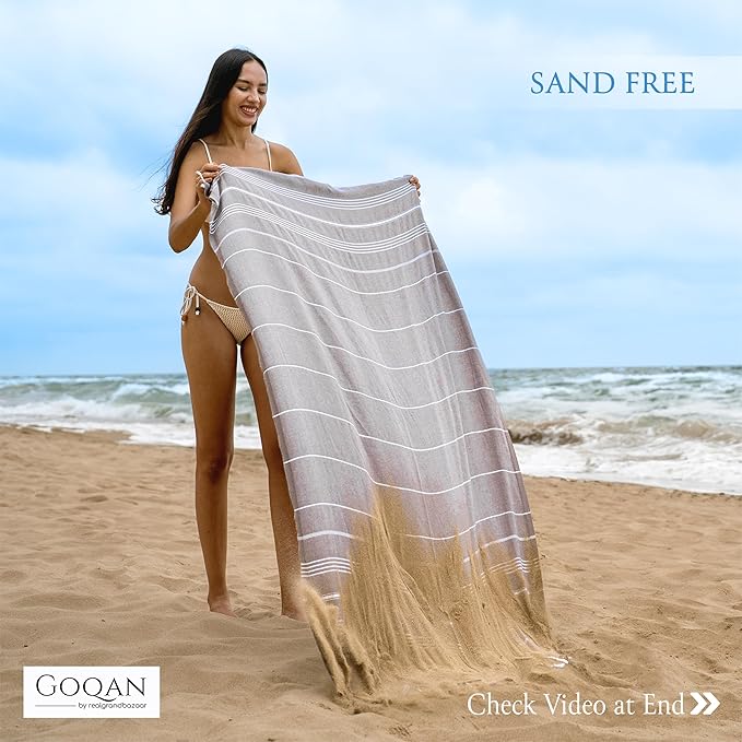 GOQAN Turkish Beach Towel Oversized 39x71 | Thin, Lightweight, 100% Cotton and Sand Free Towel is Suitable for Beach, Bathroom, Pool, Travel, Swim & Gift - Grey