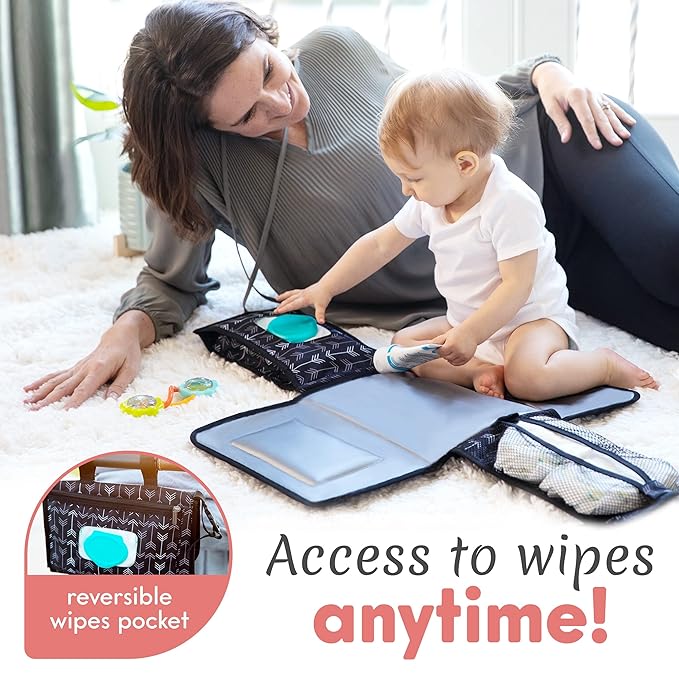 Kopi Baby Portable Diaper Changing Pad-Baby Diaper Changer Travel Bag with Wipes Pocket, Smart Design Portable Changing Mat, Infant Travel Station Kit, Gift for Newborn Girl & Boy-Black Arrows, Modern