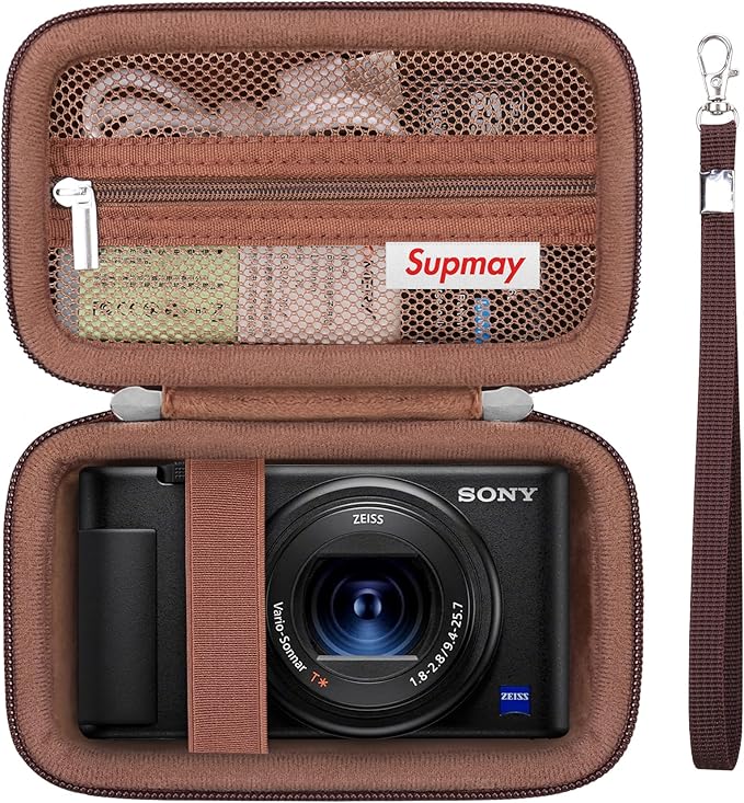 Hard Travel Case for Sony ZV-1F / ZV-1 / ZV-1 II Digital Camera, Storage Holder Travel Bag with Zipper Mesh Pocket for Battery Pack, Charging Cable, USB Card, Black, Brown
