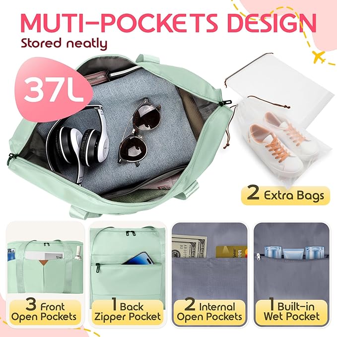 Duffle Bag for Travel, Carry-on Travel Bag with Trolley Sleeve, Sport Gym Bag for Women, Overnight Bag for Men, Hospital Bag for Labor and Delivery (Green)