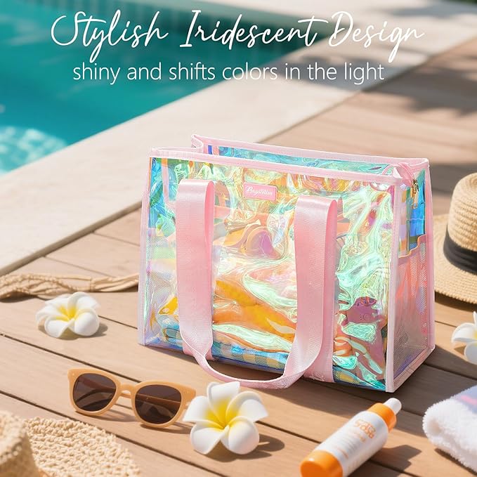 Bagstellar Iridescent Beach Tote Bags for Women, Large Zipper Beach Pool Swim Bag with Makeup Bag & Waterproof Phone Pouch | Waterproof Sandproof, Adjustable Strap, Packable, Foldable, Travel Tote Bags, Vacation Essentials, Gift for Women