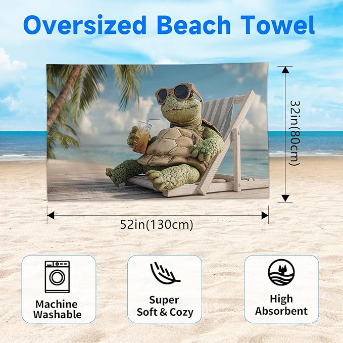 SARA NELL Turtle Beach Towel, Relaxing Sea Turtle with Sunglasses and Drink Print, Summer Pool Beach Towel for Vacation, Soft Quick Dry Lightweight, 32"x52"
