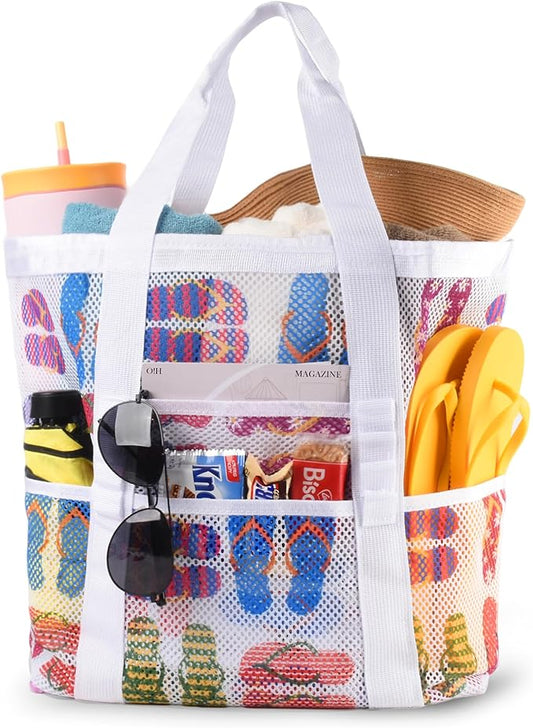 Genteen 40L Mesh Beach Bag, Foldable Sandproof Tote with Waterproof Pocket Quick Dry for Women Family Pool Vacation（White