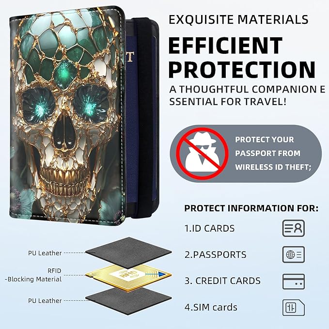 Passport Holder for Travel, RFID Blocking Passport Holder Travel Walle, Passport and Vaccine Card Holder, Vacation Must Haves Travel Accessories for Men Women, Golden Skull with Emerald Eye