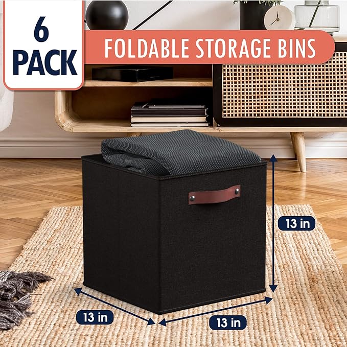Ornavo Home 13 x 13 Storage Cube Bins, Foldable Collapsible Fabric Storage Bins Box Linen Shelf Basket Cube Organizer for Closet with Leather Handles, 6 Pack, Black