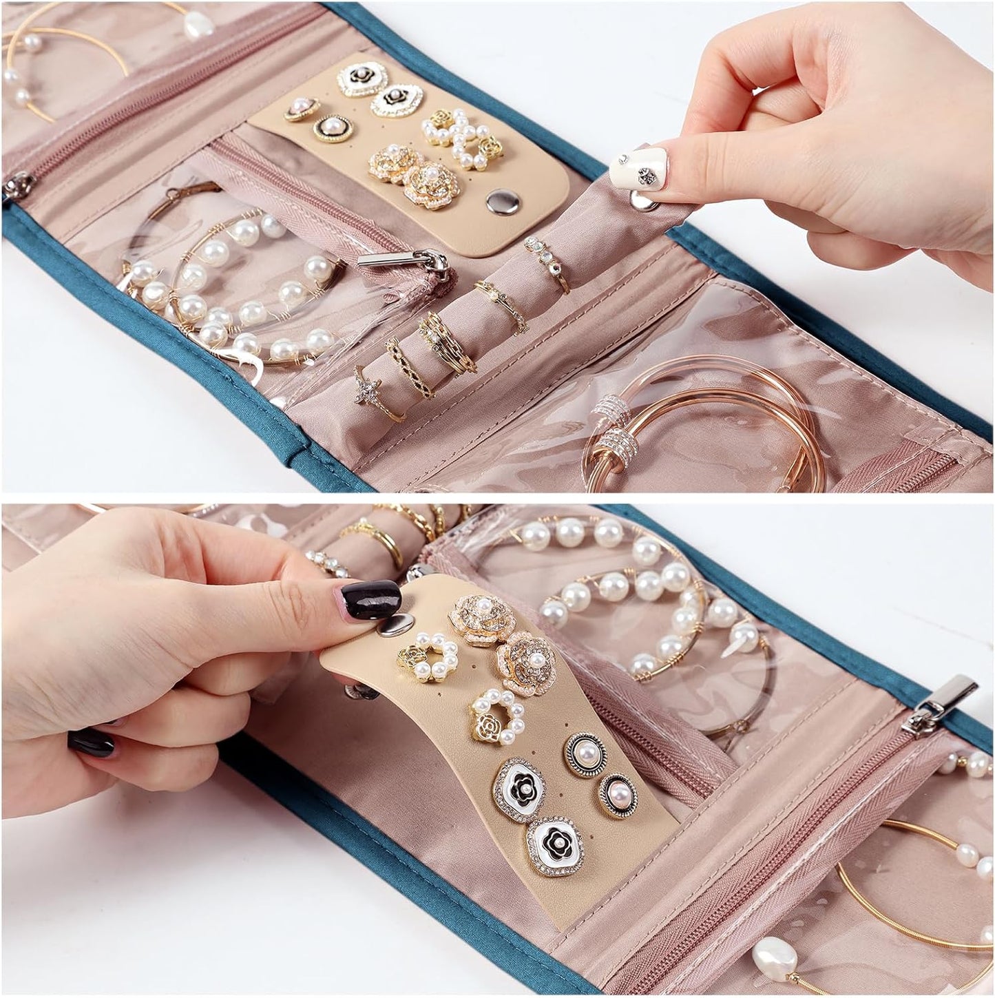 BELALIFE Travel Jewelry Case Organizer, Small Foldable Storage Roll for Earrings, Necklaces, Rings, Bracelets, Brooches, Lake-Blue