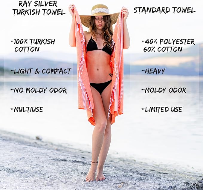 Ray Silver Turkish Beach Towel – 100% Cotton 40x71 Quick Dry Oversized Sand Free Lightweight Blanket for Travel Camping Bath Sauna Pool Gym Yoga (1pc - S-Orange)