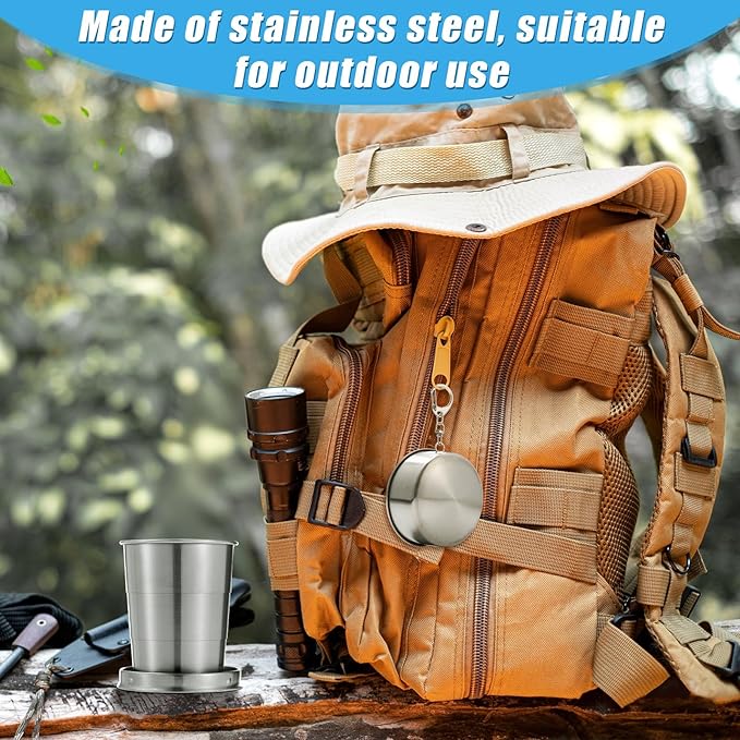 Tessco 6 Pieces Collapsible Shot Glasses Stainless Steel Collapsible Cup Reusable Portable Travel Folding Cup with Lid and Keychain for Camping Hiking Cycling(5 oz)