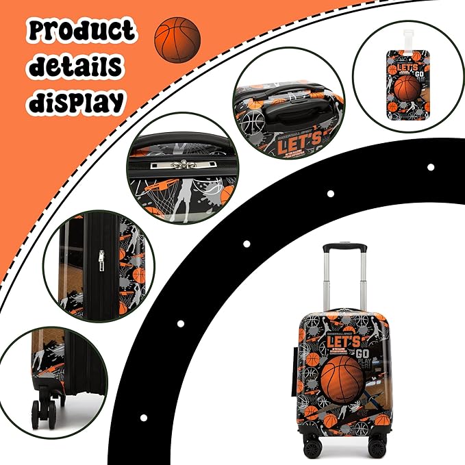Kids Basketball Suitcase Set for Boys Hardside Luggage with Spinner Wheels 5 Piece 16inch Toddler Suitcase for Boys Travel Carry on Luggage Airline Approved