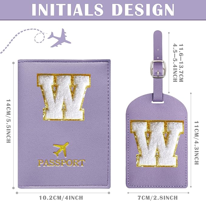 COSHAYSOO Purple Passport Cover and Initial Luggage Tag Set TSA Approved with Preppy Chenille Letter Patch for Women Girl Friends, Trendy Travel Bag Backpack Suitcase Identifier Must-Have Gifts (W)