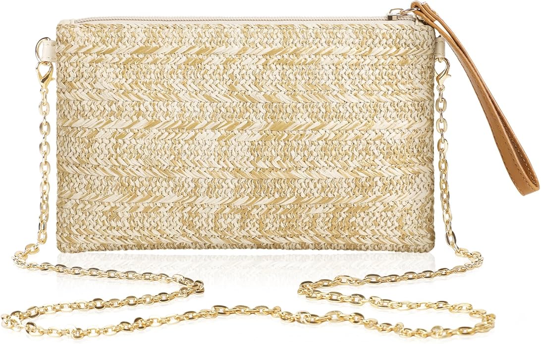 Clothirily Straw Purse Bag for Women Bohemian Handbag with Zipper Wristlet, Beach Clutch Womens Straw Clutch Purse for Summer