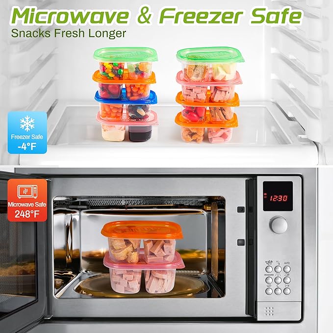 20pcs Snack Containers with Lids,Double Compartment Snack Containers for kids adults, 10 Cute Forks，Bento Box-Lightweight and stackable, Microwave, refrigerator safe (4 Color)