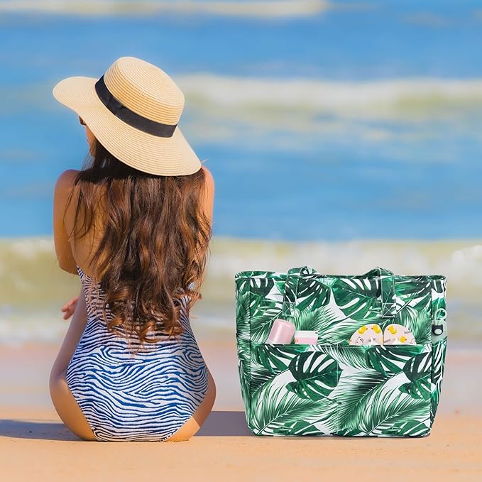 KABAQOO Extra Large Beach Bag Waterproof Sandproof Women Beach Tote with Zipper & Wet Compartment for Pool Gym Grocery Travel
