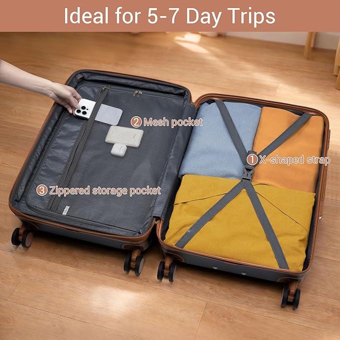 Kono 24 Inch Check In Suitcase Expandable Luggage, Business Travel Suitcase for 5-7 Days, Durable ABS+PC Hardshell with Side Handles & Kick Plates, Double Spinner Silent Wheels, Navy/Brown