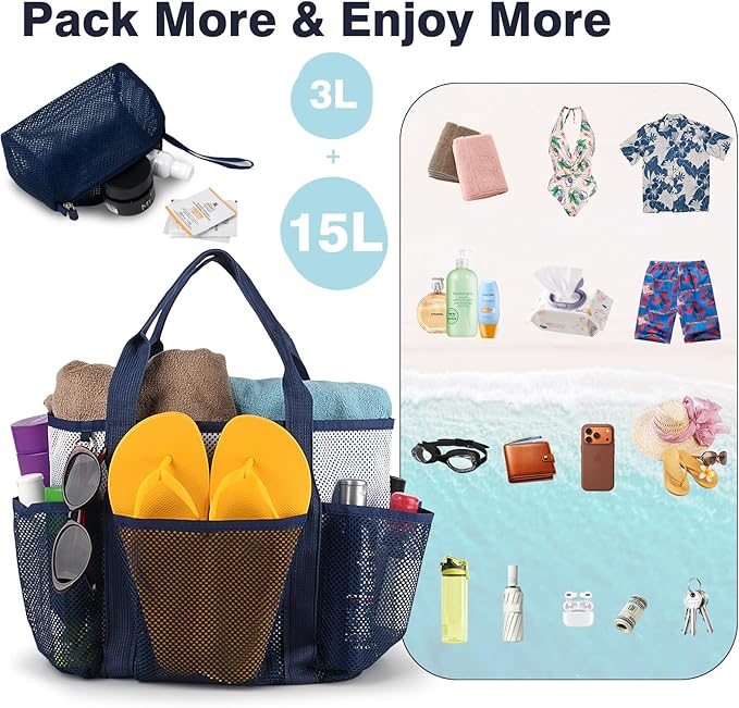 Genteen Mesh Beach Bag, Waterproof Lightweight, Beach Tote with Zipper Pocket for Family Pool Bag for Toys & Vacation Essentials-Blue