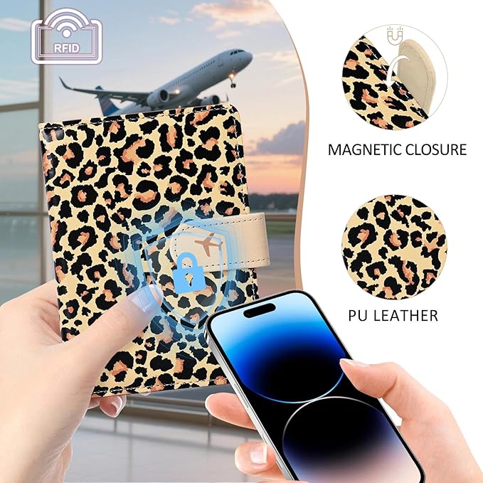 COSHAYSOO Personalized RFID Passport Holder for Travel Women Passports Cover Case Air Essentials Airplane Flight Accessories Airline Plane Flying Must Haves Christmas Gifts Leopard Print