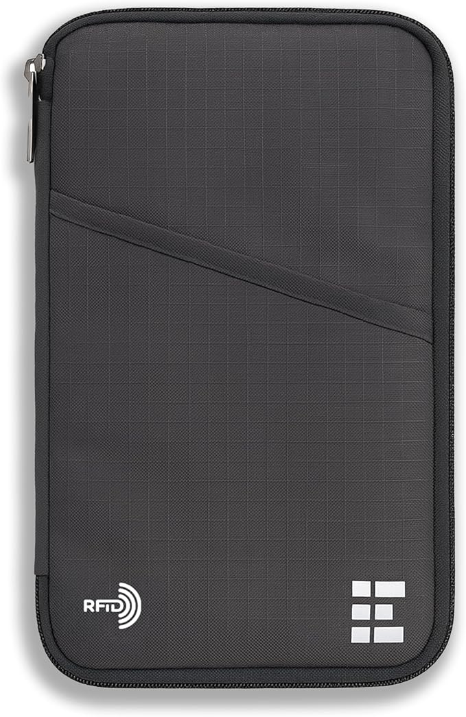 Zero Grid RFID Family Passport Holder for up to 6 Passports, Large Zippered Wallet for Men & Women, Fits Cards, Cash, ID, Sim Card, AirTag; Premium & Compact Travel Document Holder - Shadow Grey
