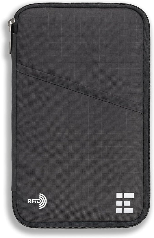 Zero Grid RFID Family Passport Holder for up to 6 Passports, Large Zippered Wallet for Men & Women, Fits Cards, Cash, ID, Sim Card, AirTag; Premium & Compact Travel Document Holder - Shadow Grey