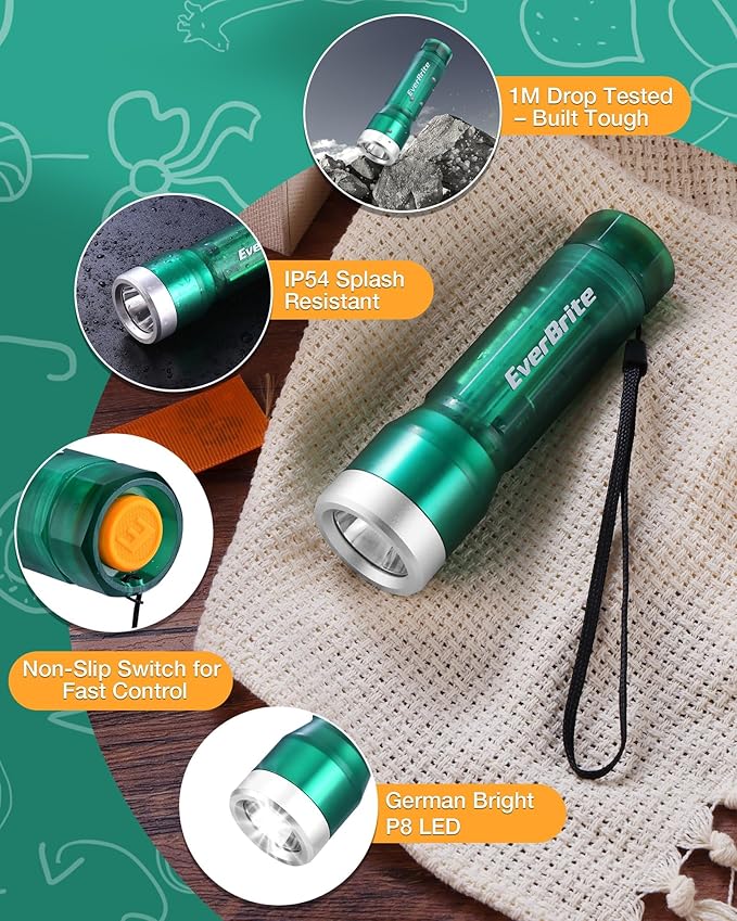 EverBrite Mini Flashlight, LED Flash Light with 3 Modes, 3 AAA Batteries Included, Water-Resistant Small Flashlight for Emergencies and Camping, Green, Christmas Gifts,1 Pack