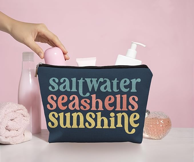 Beach Makeup Bag,Sunscreen Summer Travel Makeup Pouch,Saltwater Seashells Sunshine Travel Cosmetic Zipper Bags for Women,Beach Gifts for Women (color-03)