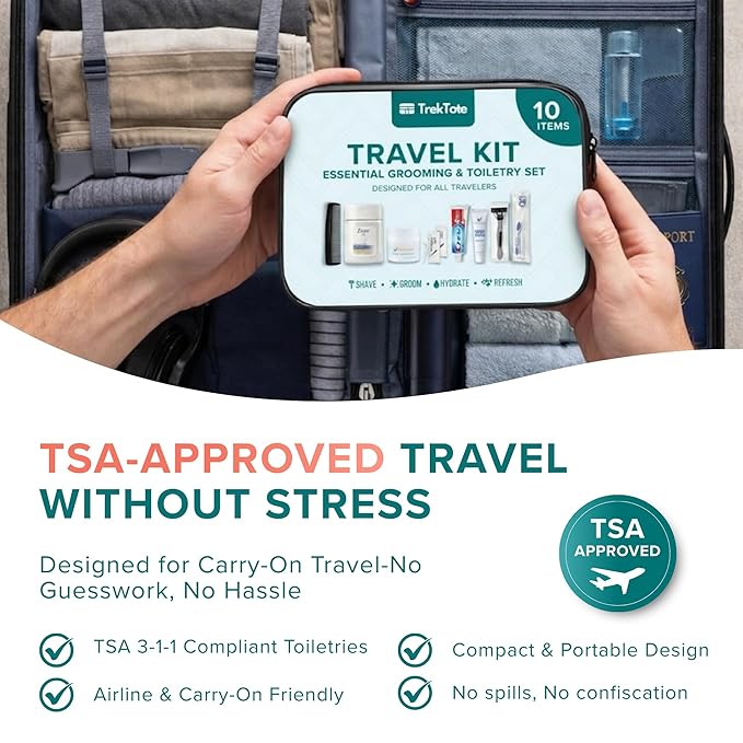 Trektote 10 Piece Travel Hygiene Kit with Toiletries & Dental Essentials, TSA-Compliant, Clear Cosmetic Bag, Single or Bulk Packs