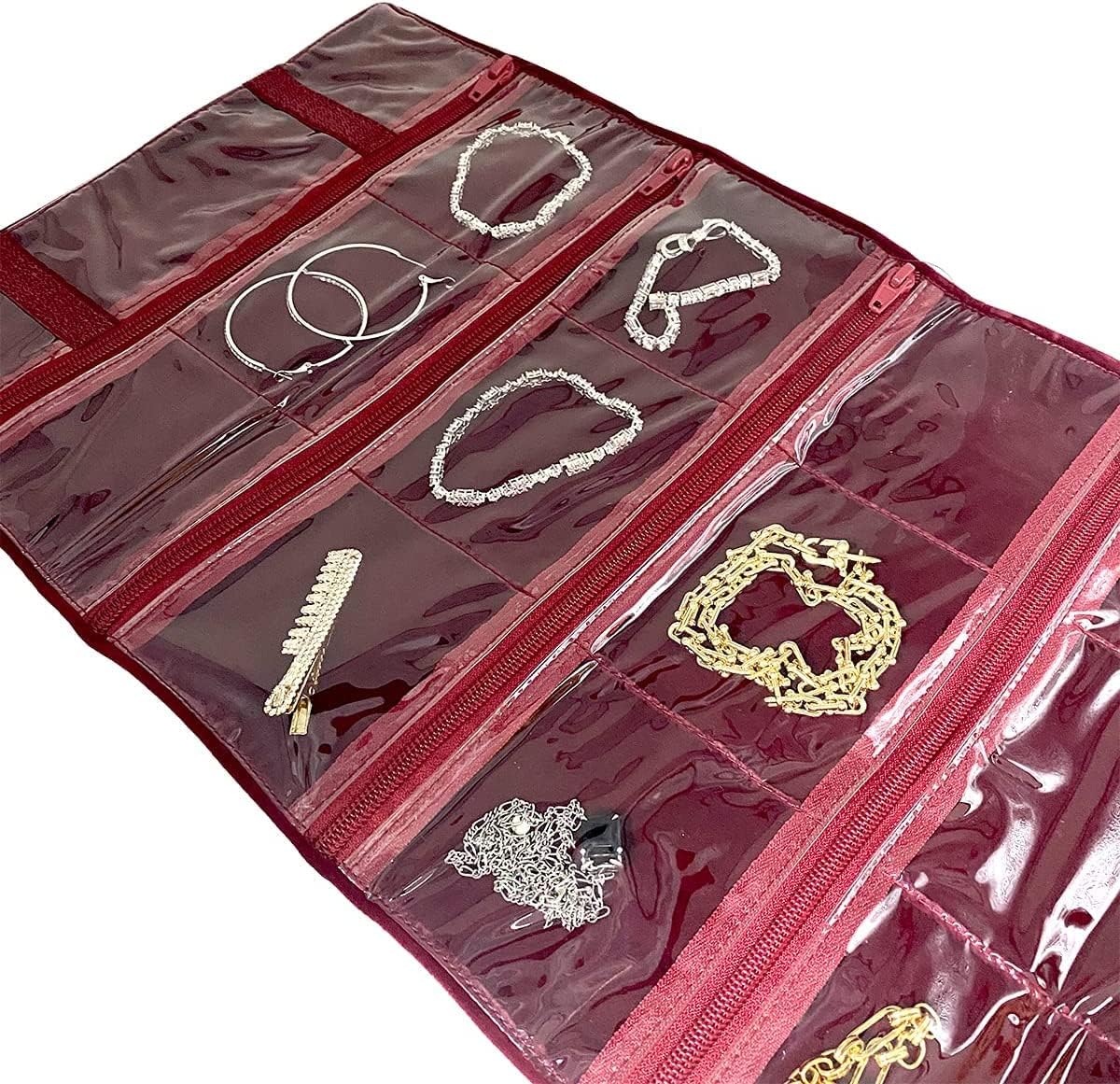 Travel Jewelry Roll Bag Portable Organizer Pouch With Grids&PVC Cover Storage Bags for Necklace, Bracelet, Bracelet,Ring, Badge, Pendant