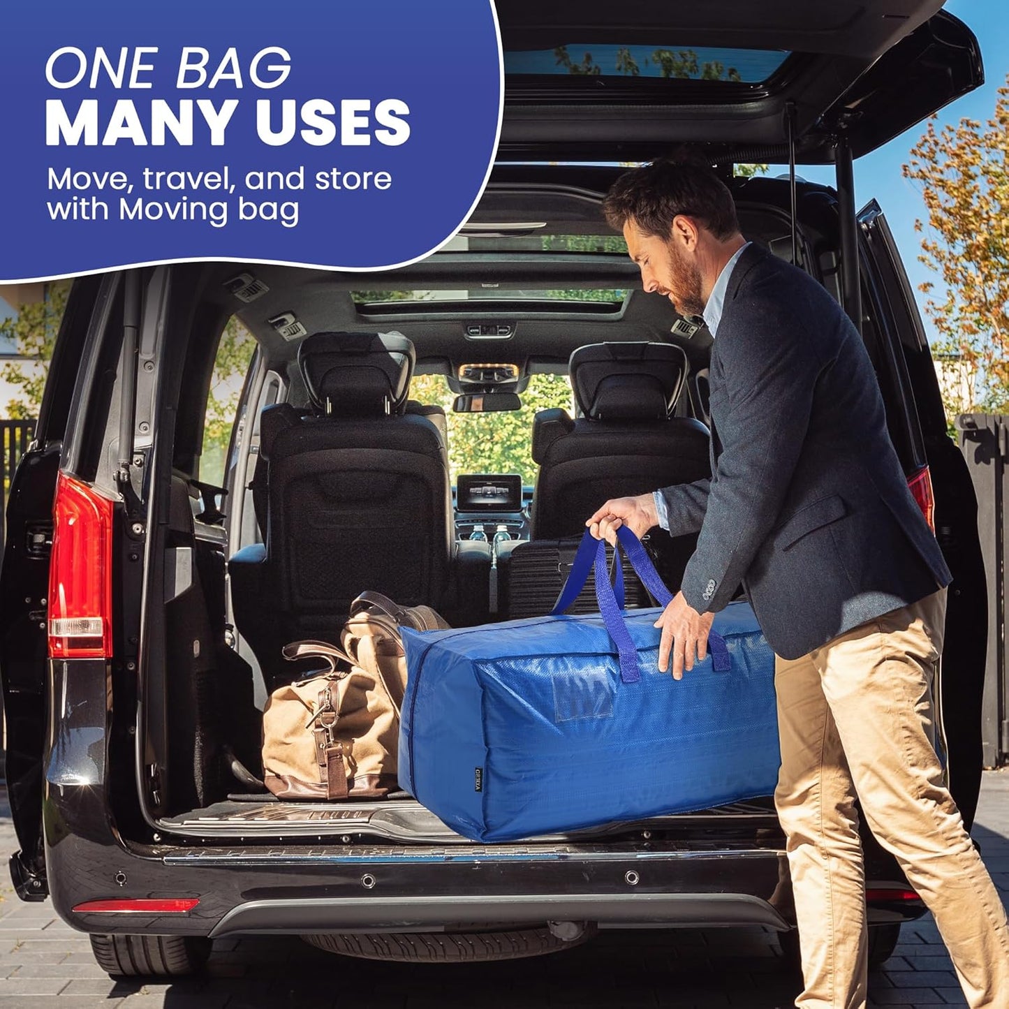 Extra Large Moving Bags - 6-Pack Heavy Duty Storage Duffel - Sturdy Backpack Straps Handles, Zippers - Reusable Moving Storage Bags for Clothes - Folding Collapsible Storage Tote Bag Set – Blue