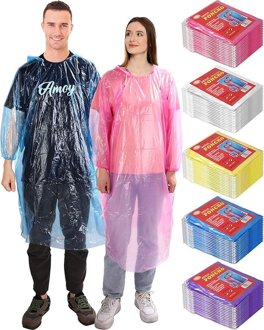 JaGely 80 Pack Disposable Adult Rain Ponchos Bulk Wedding Family Travel Theme Parks Homeless Hooded Elastic Outdoor Raincoat(Multicolor)